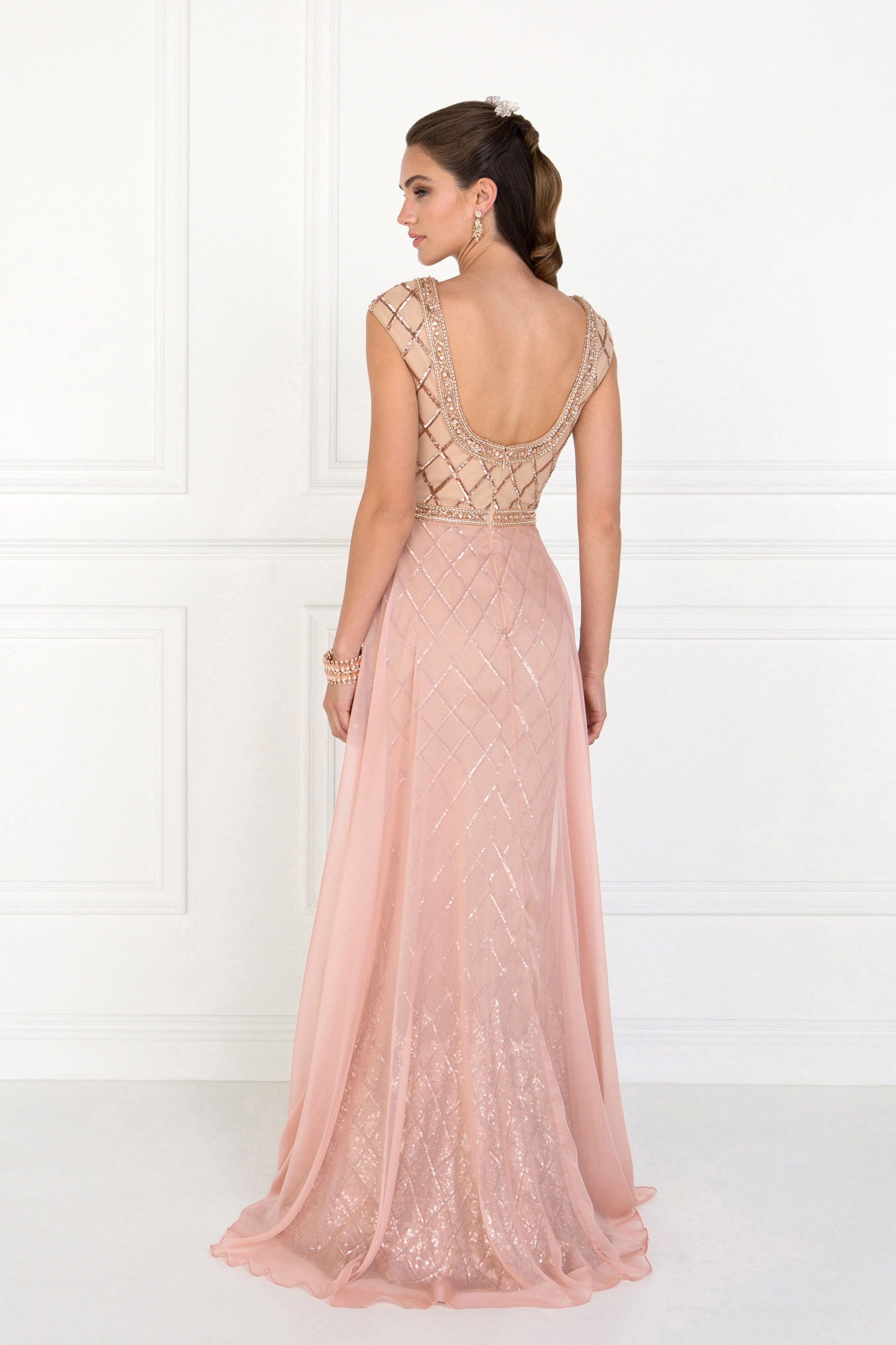 Chiffon Empire Long Dress with Jewels and Chiffon Overlay