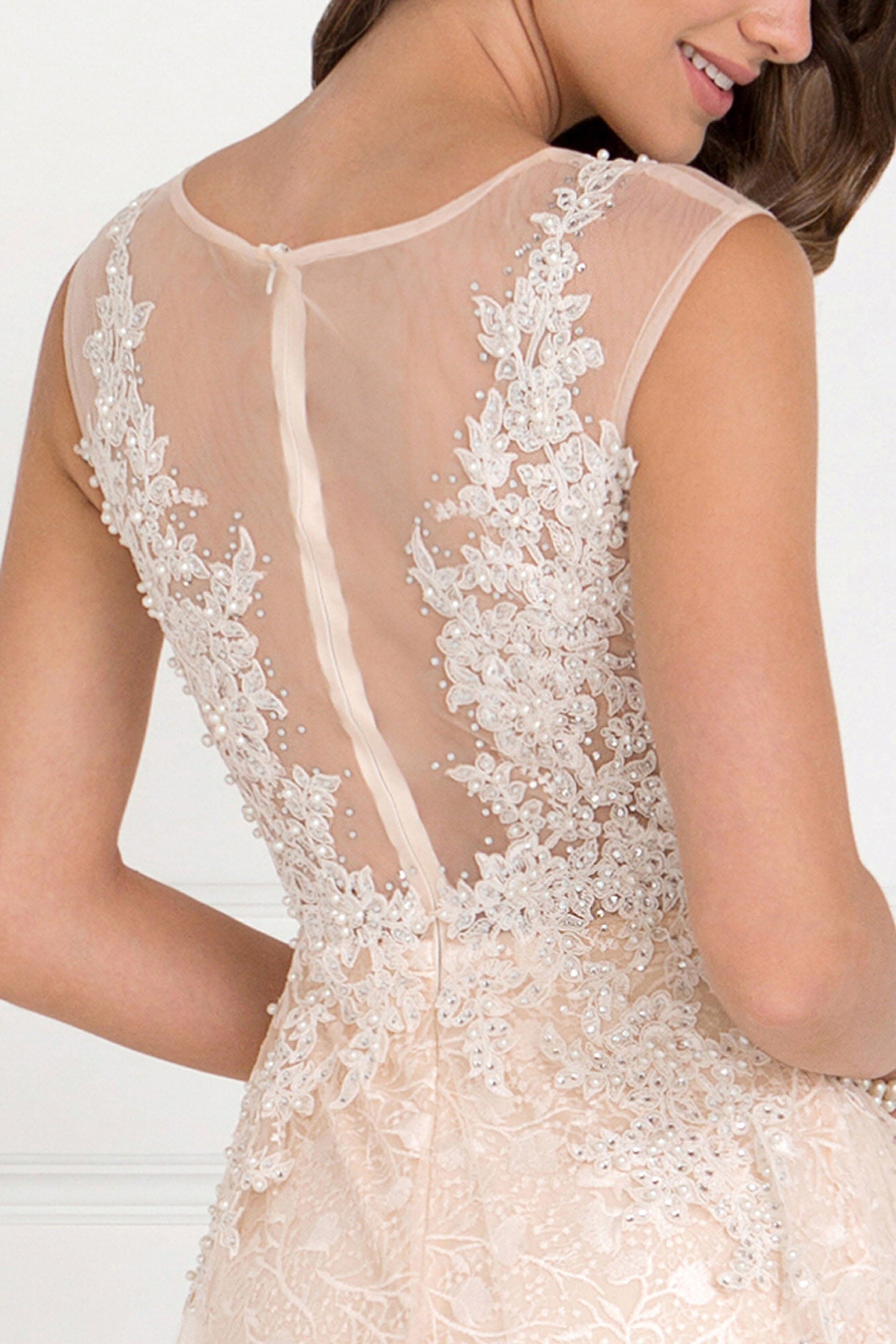 Lace Mermaid Long Dress with Sheer Back and Tulle Overlay