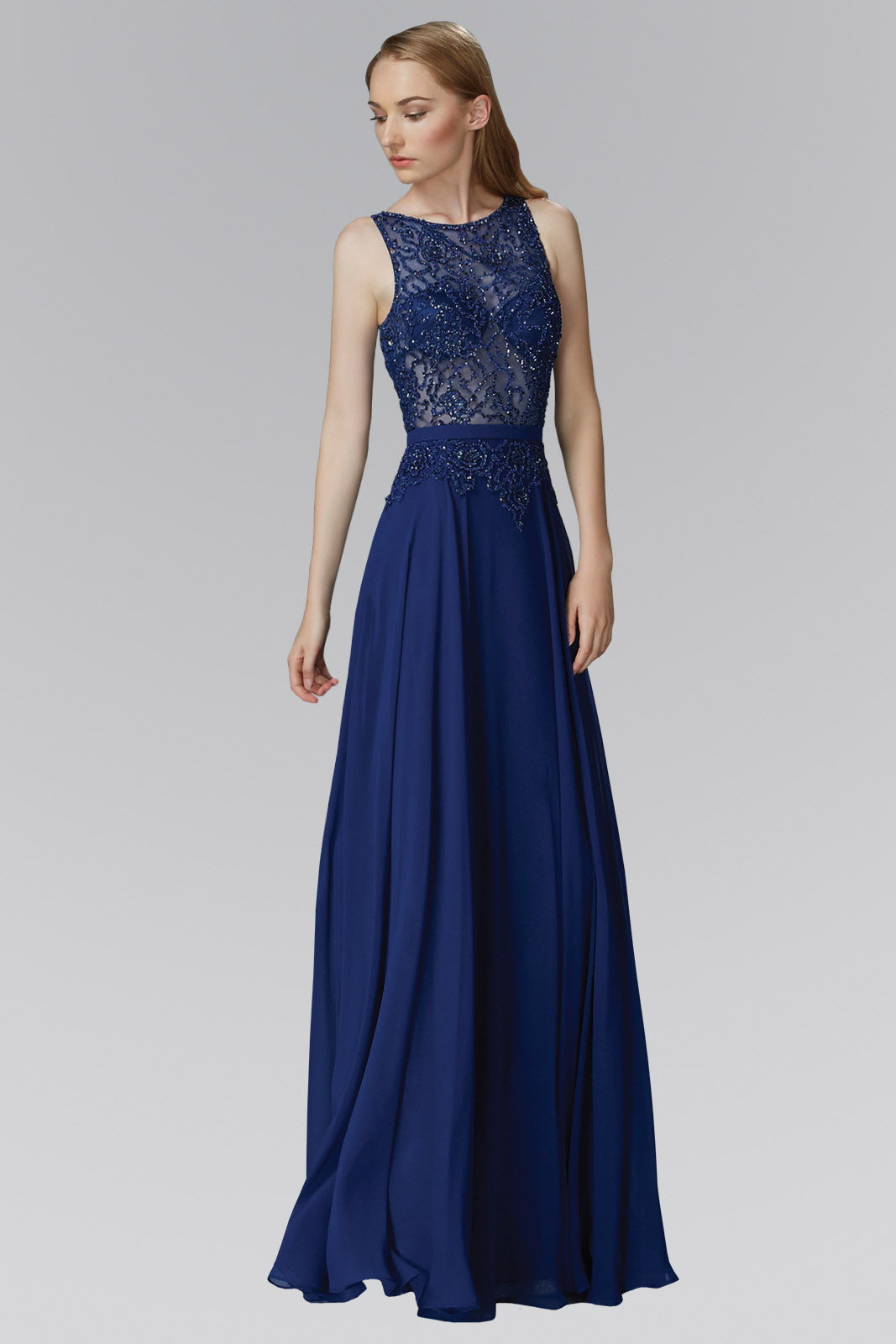 Floor Length Chiffon Long Dress with Bead Embellished Sheer Bodice