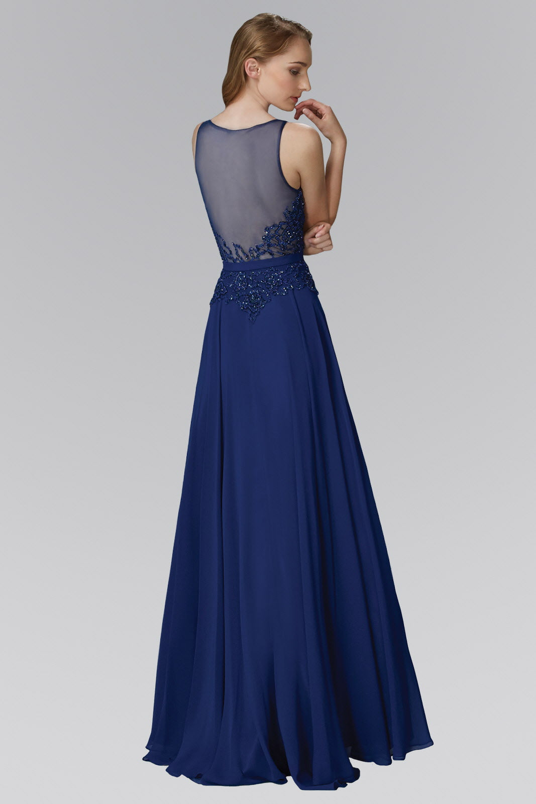 Floor Length Chiffon Long Dress with Bead Embellished Sheer Bodice