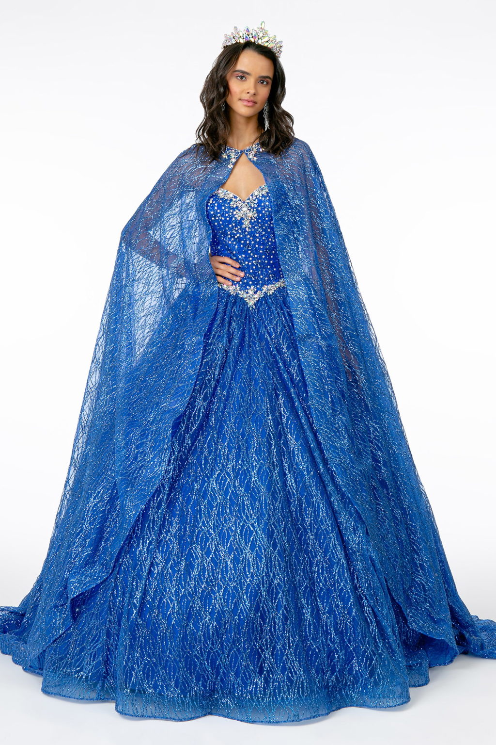 Jewel Embellished Bodice Glitter Mesh Ball Gown w/ Glitter Mesh Cape