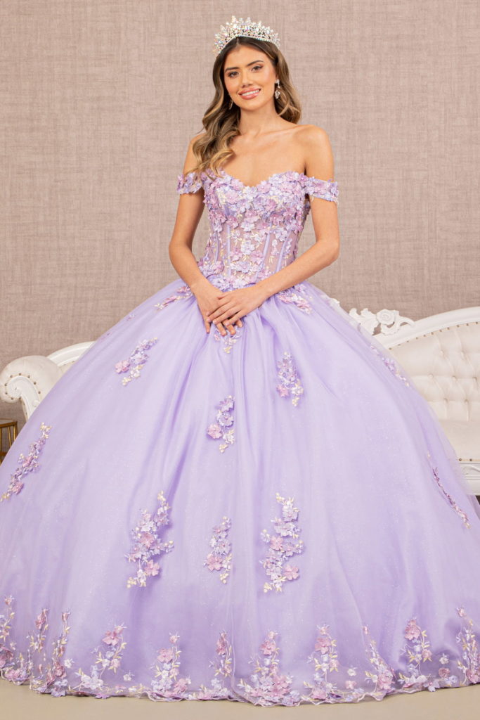 3-D Flower Applique Jewel Mesh Quinceanera Gown w/ Long Tail