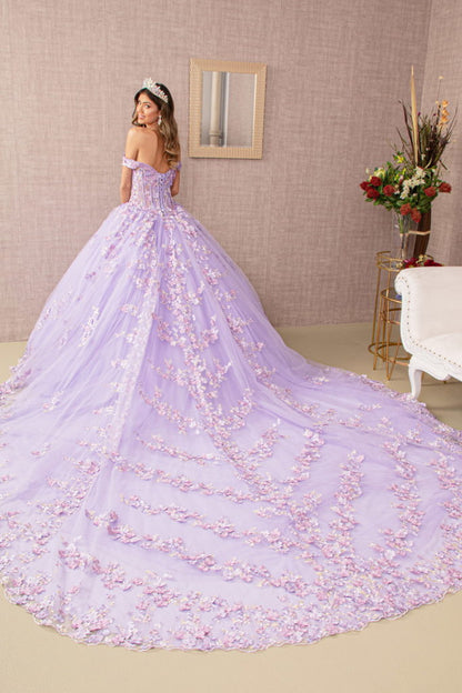 3-D Flower Applique Jewel Mesh Quinceanera Gown w/ Long Tail