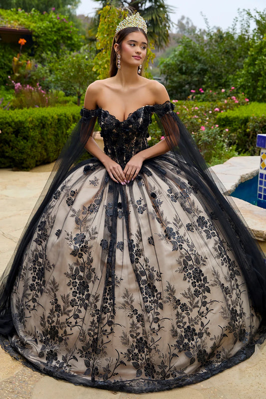 3-D Floral Applique Glitter Pattern Embellished Mesh Quinceanera Gown