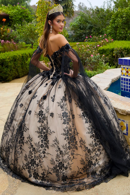 3-D Floral Applique Glitter Pattern Embellished Mesh Quinceanera Gown