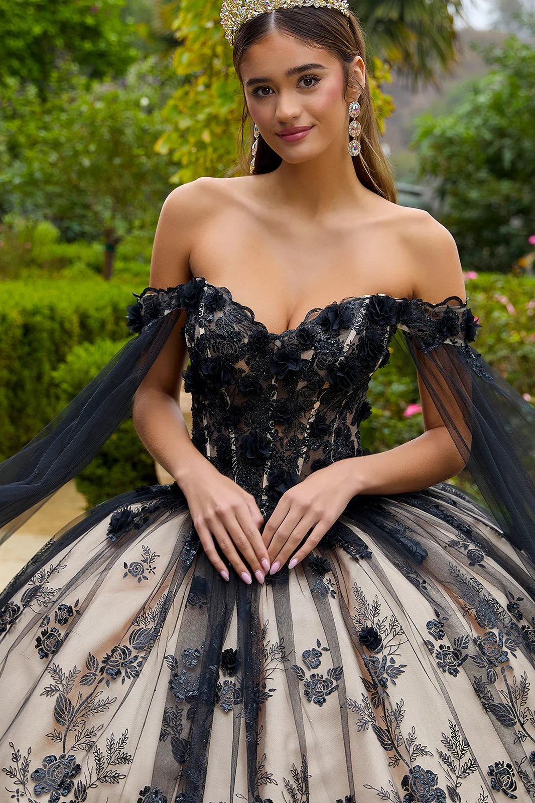 3-D Floral Applique Glitter Pattern Embellished Mesh Quinceanera Gown