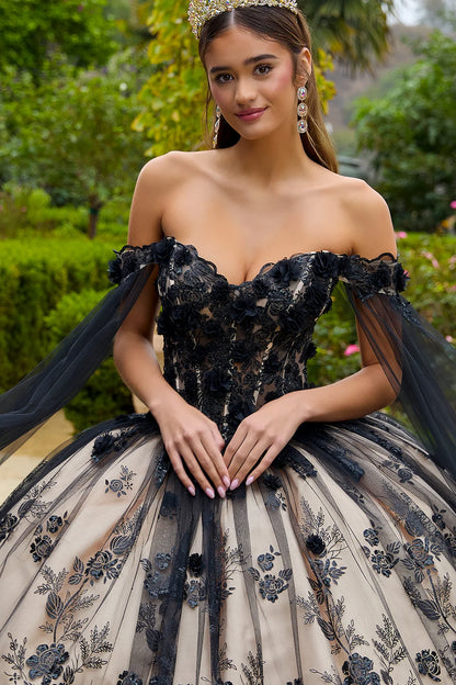 3-D Floral Applique Glitter Pattern Embellished Mesh Quinceanera Gown