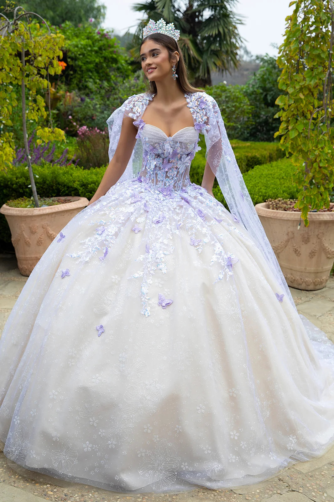 Floral Glitter Pattern 3-D Butterfly Applique Mesh Quinceanera Dress w/ Detachable Mesh Cape