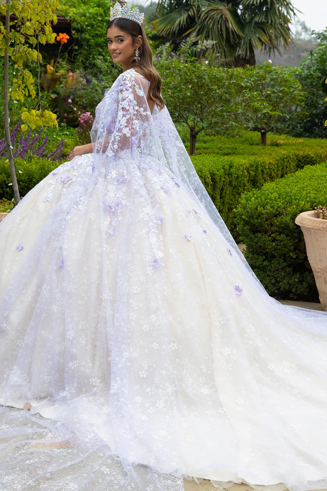 Floral Glitter Pattern 3-D Butterfly Applique Mesh Quinceanera Dress w/ Detachable Mesh Cape