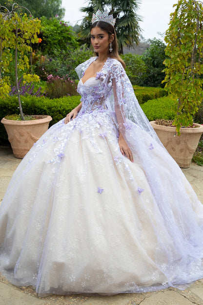 Floral Glitter Pattern 3-D Butterfly Applique Mesh Quinceanera Dress w/ Detachable Mesh Cape