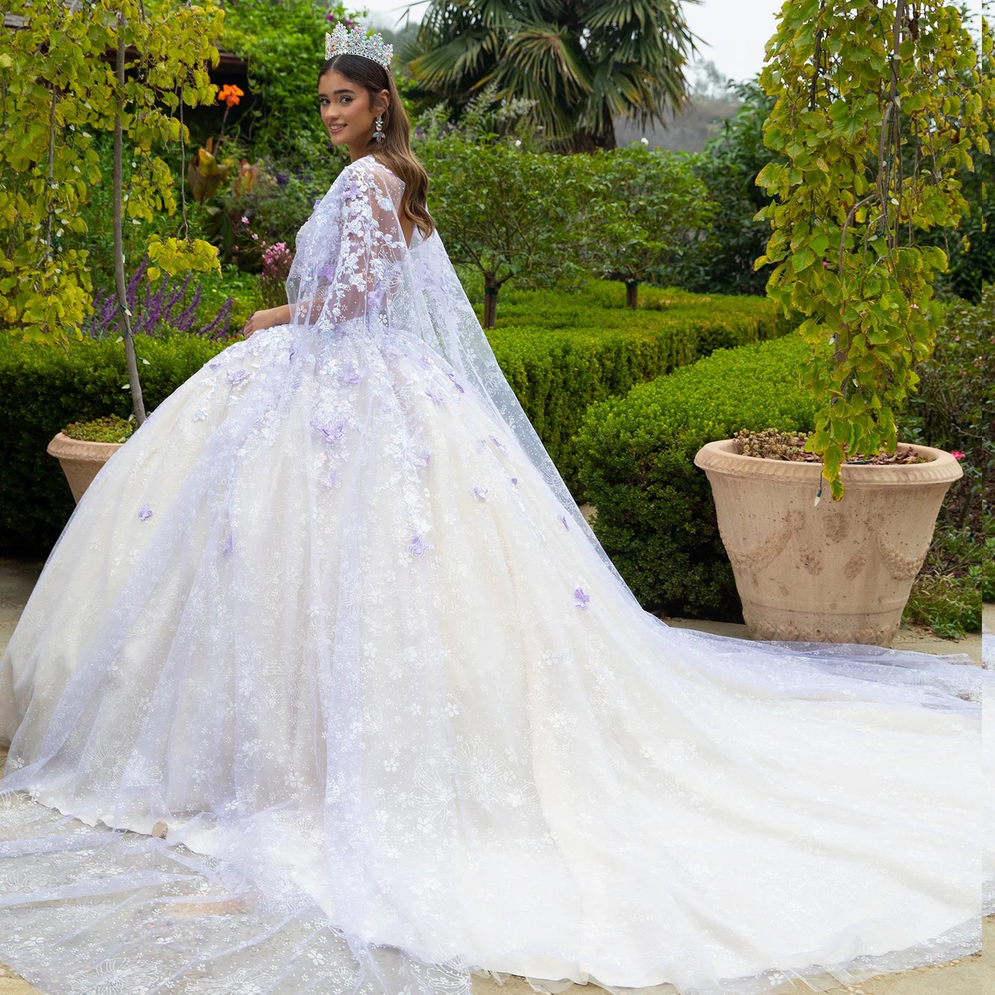 Floral Glitter Pattern 3-D Butterfly Applique Mesh Quinceanera Dress w/ Detachable Mesh Cape