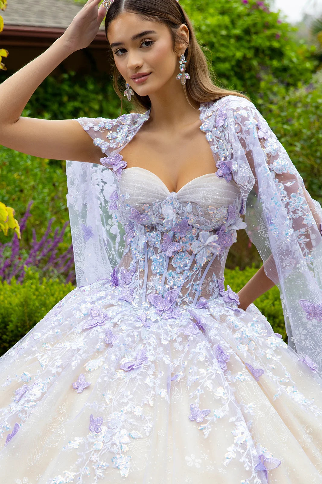 Floral Glitter Pattern 3-D Butterfly Applique Mesh Quinceanera Dress w –  Tux-USA®