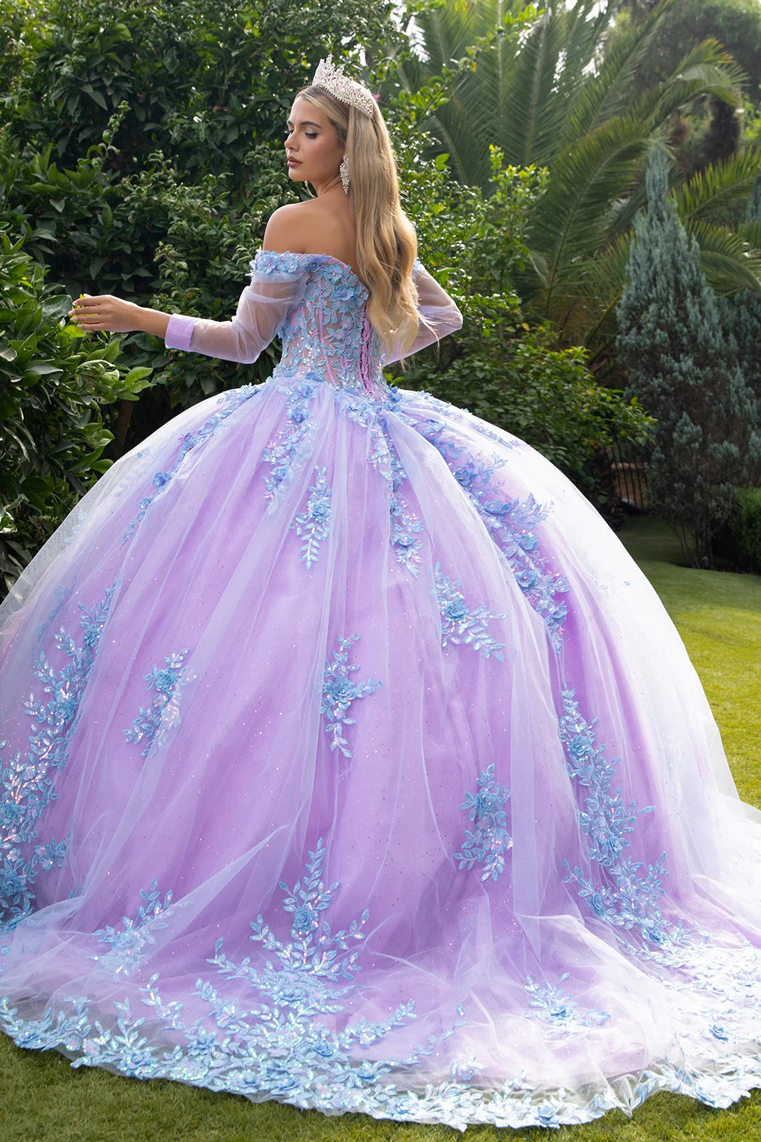 3D Floral Applique Embellished Cut-Away Shoulder Quinceanera Dress w/ Long Mesh Sleeve