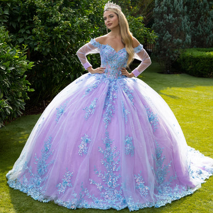 3D Floral Applique Embellished Cut-Away Shoulder Quinceanera Dress w/ Long Mesh Sleeve