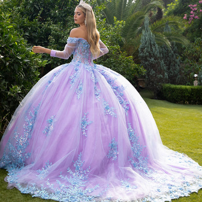 3D Floral Applique Embellished Cut-Away Shoulder Quinceanera Dress w/ Long Mesh Sleeve