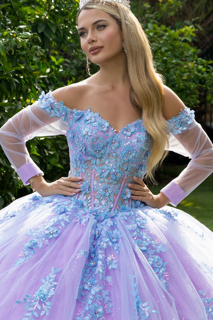 3D Floral Applique Embellished Cut-Away Shoulder Quinceanera Dress w/ Long Mesh Sleeve