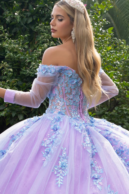 3D Floral Applique Embellished Cut-Away Shoulder Quinceanera Dress w/ Long Mesh Sleeve