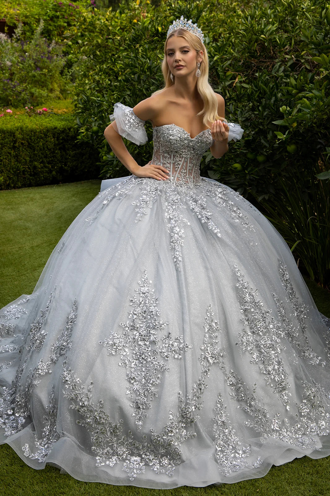 Embroidery Embellished Glitter Mesh Quinceanera Dress W Detachable Bow