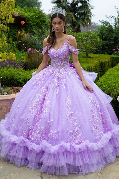 3d Flower Applique Embellished Cold Shoulder Layered Back Tiered Ruffle Hem W Detachable Back Bow