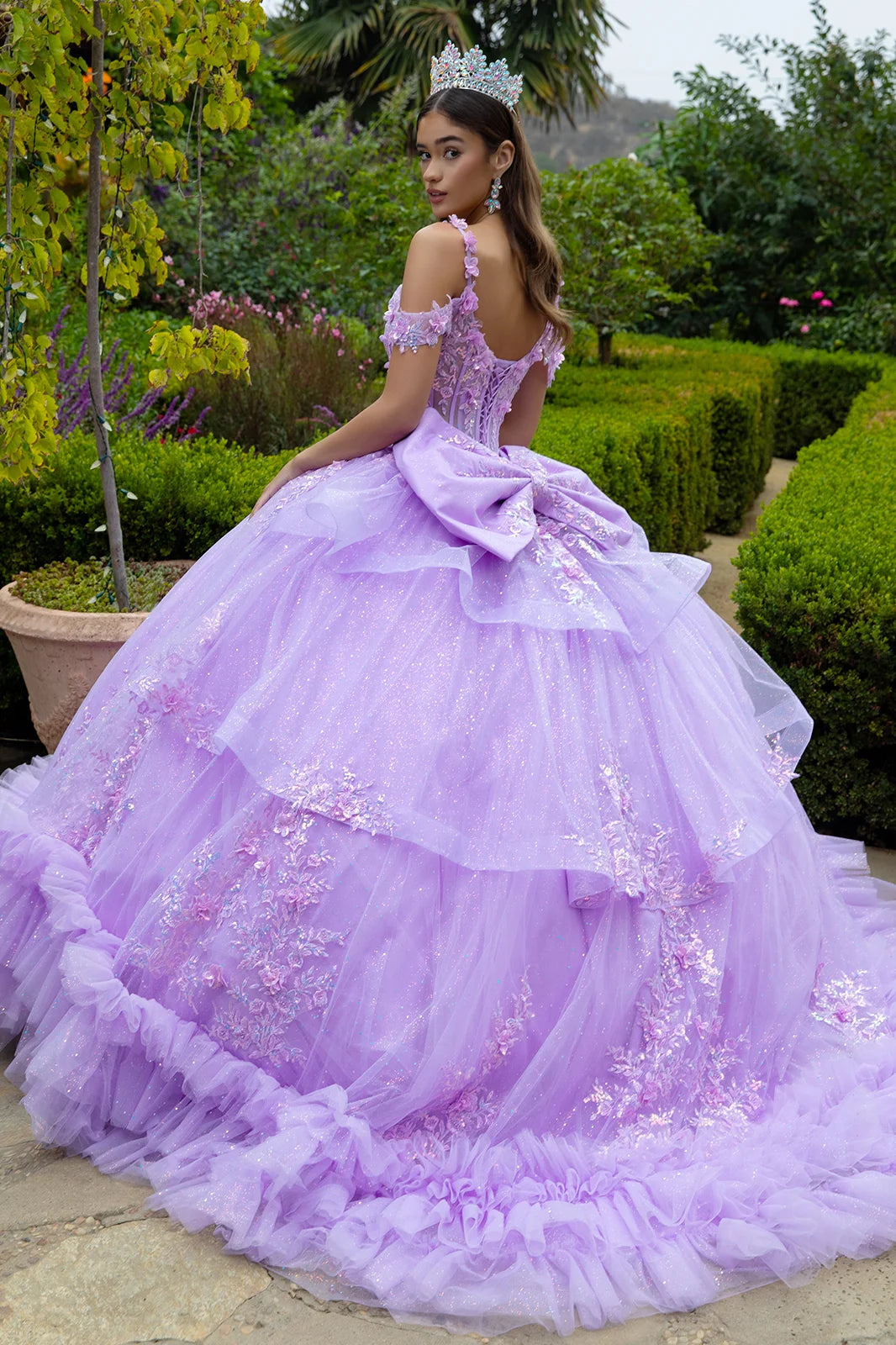 3d Flower Applique Embellished Cold Shoulder Layered Back Tiered Ruffle Hem W Detachable Back Bow