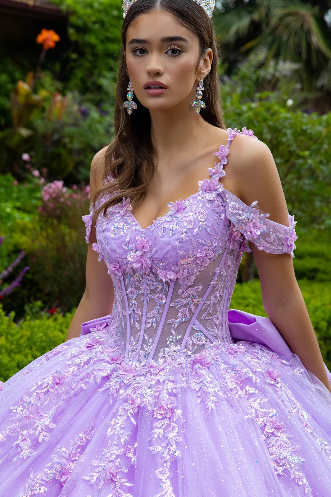 3d Flower Applique Embellished Cold Shoulder Layered Back Tiered Ruffle Hem W Detachable Back Bow