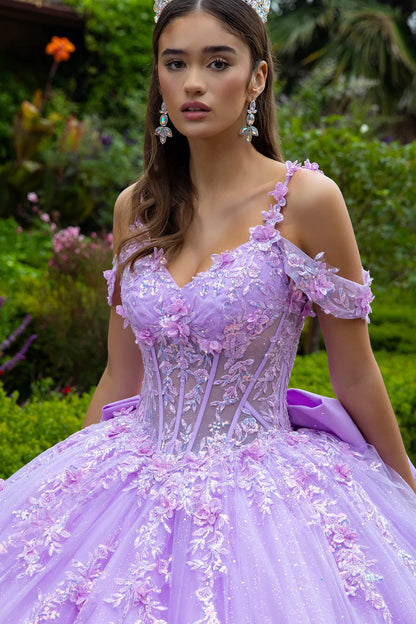 3d Flower Applique Embellished Cold Shoulder Layered Back Tiered Ruffle Hem W Detachable Back Bow