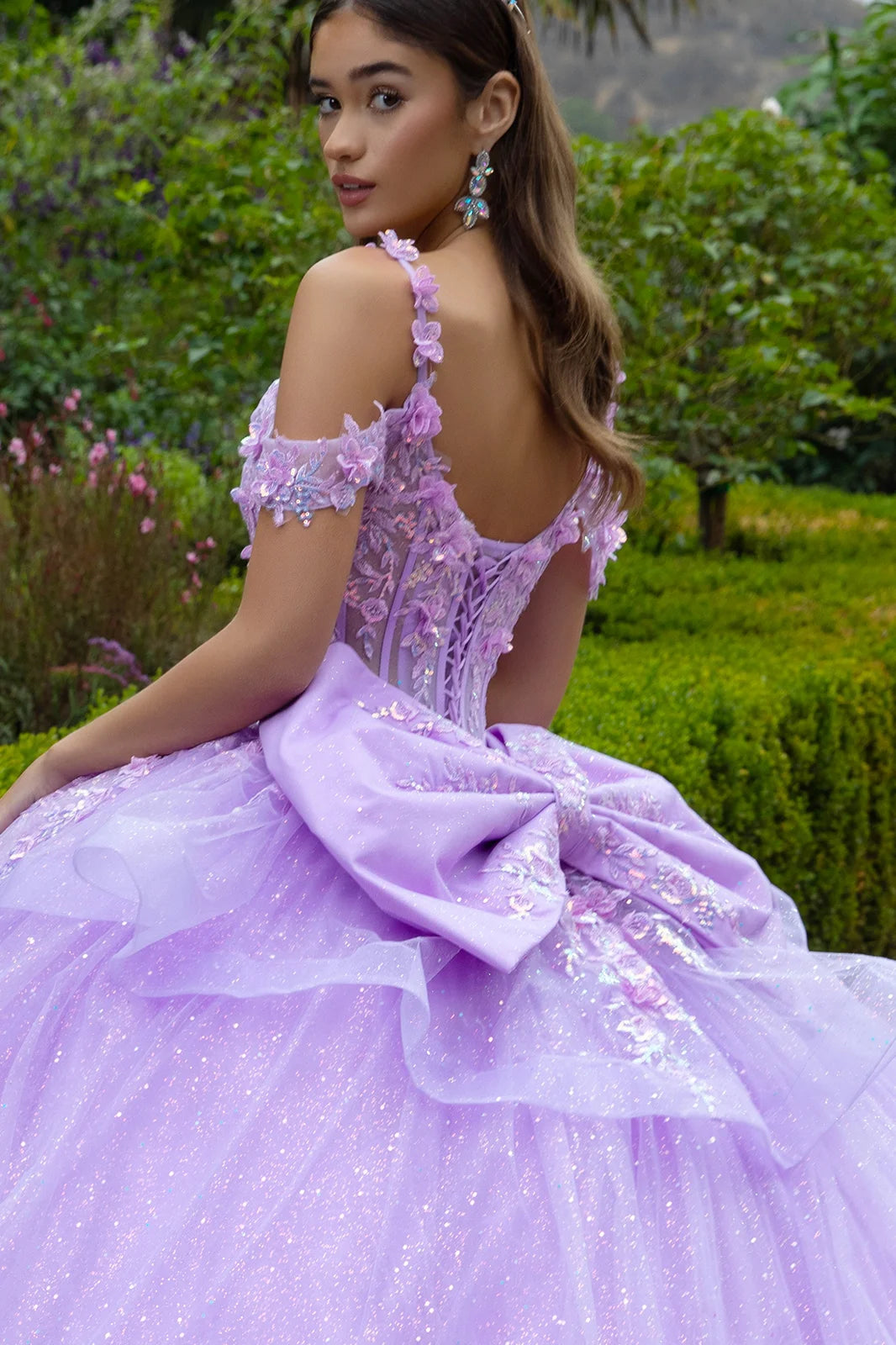 3d Flower Applique Embellished Cold Shoulder Layered Back Tiered Ruffle Hem W Detachable Back Bow