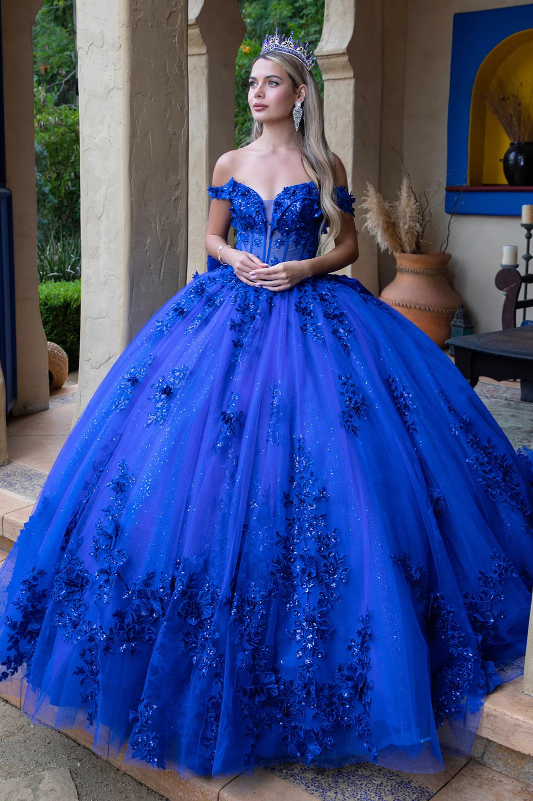 3d Flower Applique Embellished Off Shoulder Corset Glitter Underlayer Dress With Detachable Back Bow