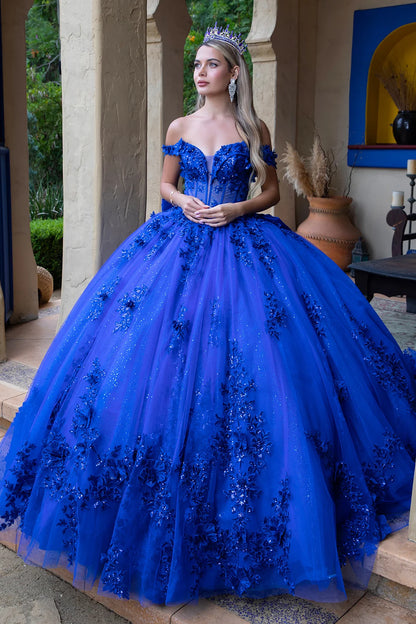 3d Flower Applique Embellished Off Shoulder Corset Glitter Underlayer Dress With Detachable Back Bow