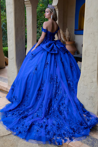 3d Flower Applique Embellished Off Shoulder Corset Glitter Underlayer Dress With Detachable Back Bow
