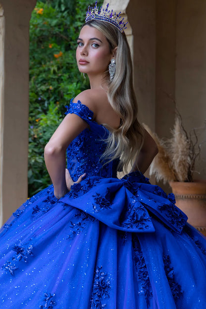 3d Flower Applique Embellished Off Shoulder Corset Glitter Underlayer Dress With Detachable Back Bow