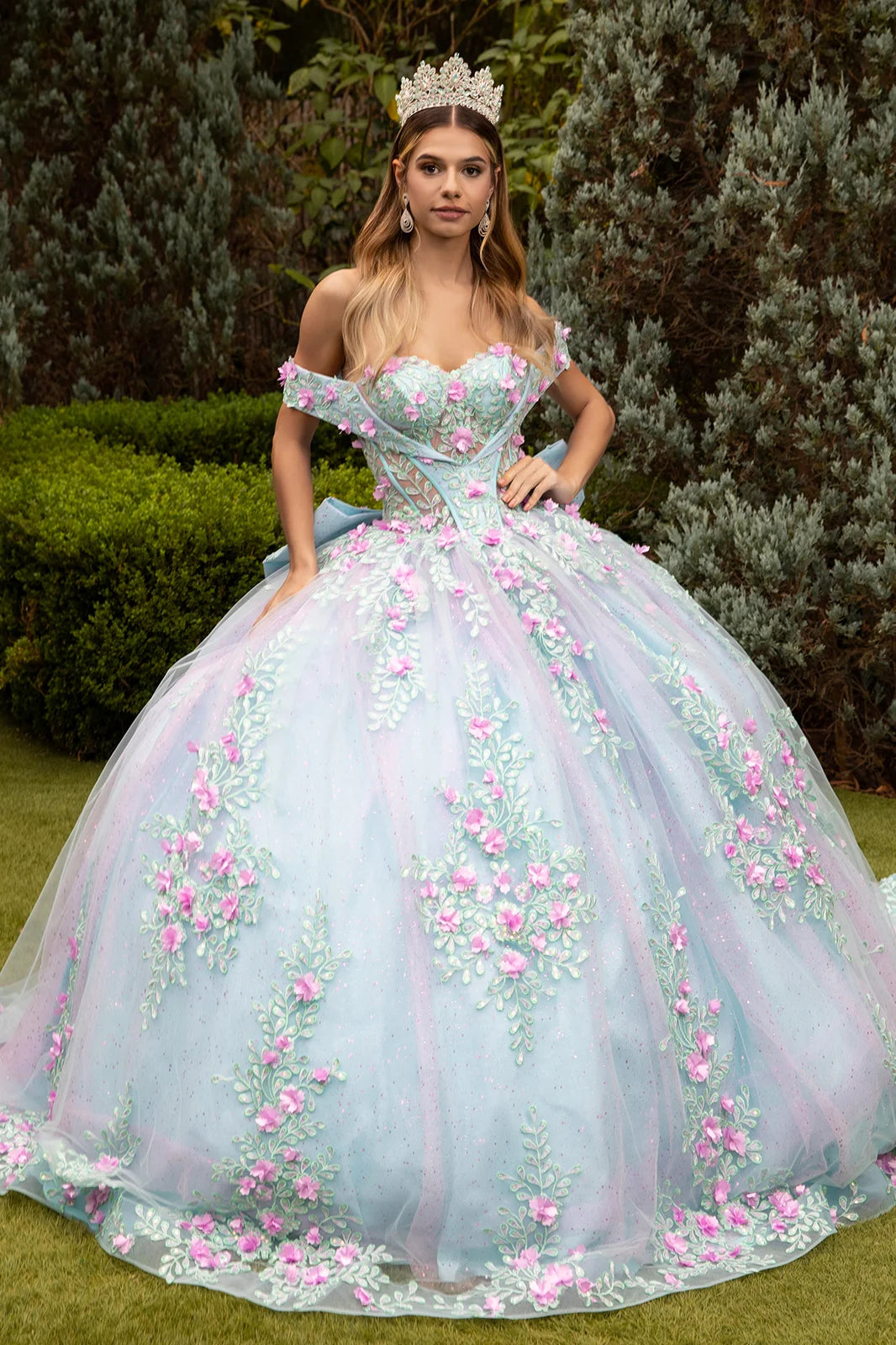 3d Flower Applique Embellished Deep V Neck Roll Off Shoulder Strap Corset With Detachable Back Bow