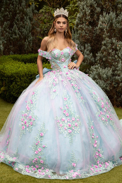 3d Flower Applique Embellished Deep V Neck Roll Off Shoulder Strap Corset With Detachable Back Bow