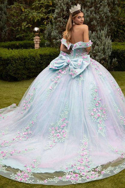 3d Flower Applique Embellished Deep V Neck Roll Off Shoulder Strap Corset With Detachable Back Bow
