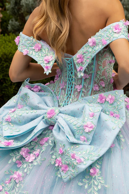 3d Flower Applique Embellished Deep V Neck Roll Off Shoulder Strap Corset With Detachable Back Bow
