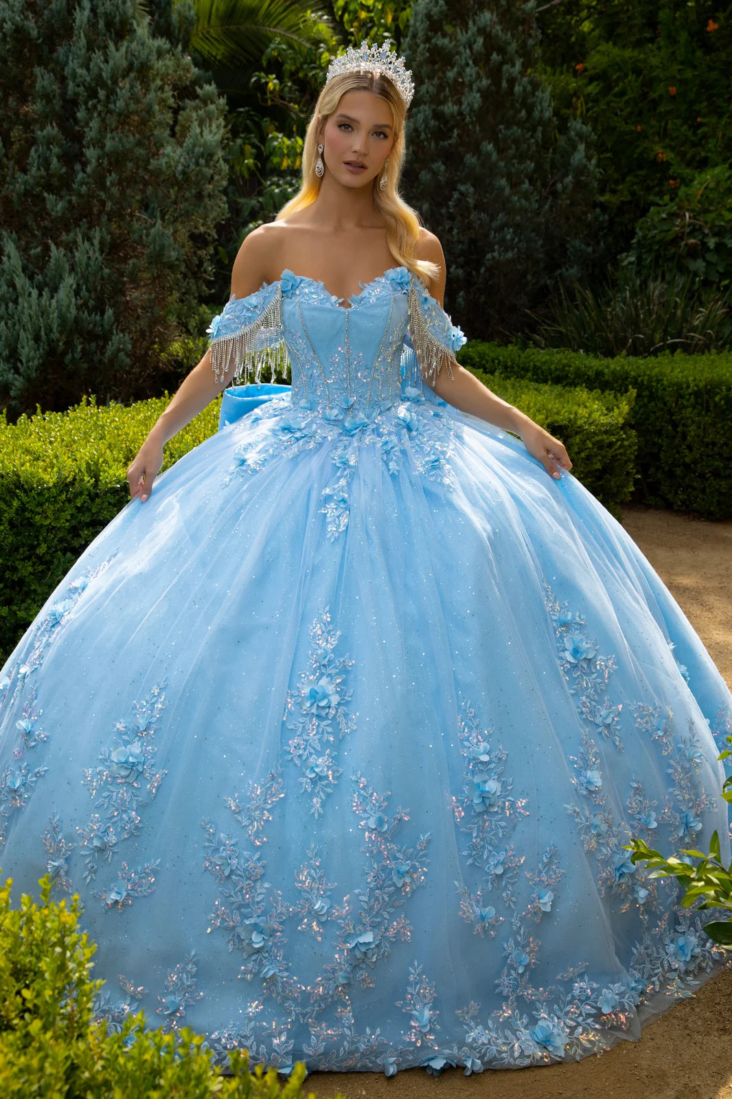 Chandelier Beading Accented Floral Embroidered Glitter Mesh Quinceanera Dress With Back Bows