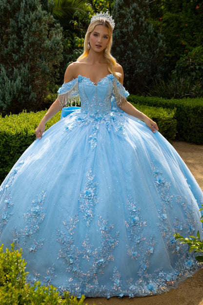 Chandelier Beading Accented Floral Embroidered Glitter Mesh Quinceanera Dress With Back Bows