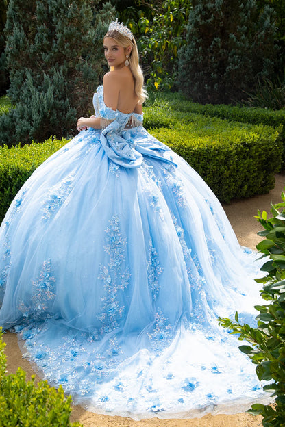 Chandelier Beading Accented Floral Embroidered Glitter Mesh Quinceanera Dress With Back Bows