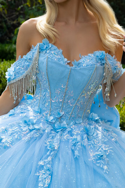 Chandelier Beading Accented Floral Embroidered Glitter Mesh Quinceanera Dress With Back Bows