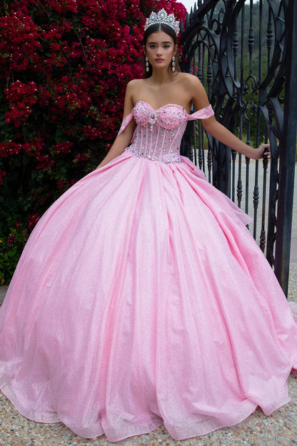 Off Shoulder Bejeweled Corset Back Ruffle Embellished Glitter Netting Dress With Detachable Back Bow