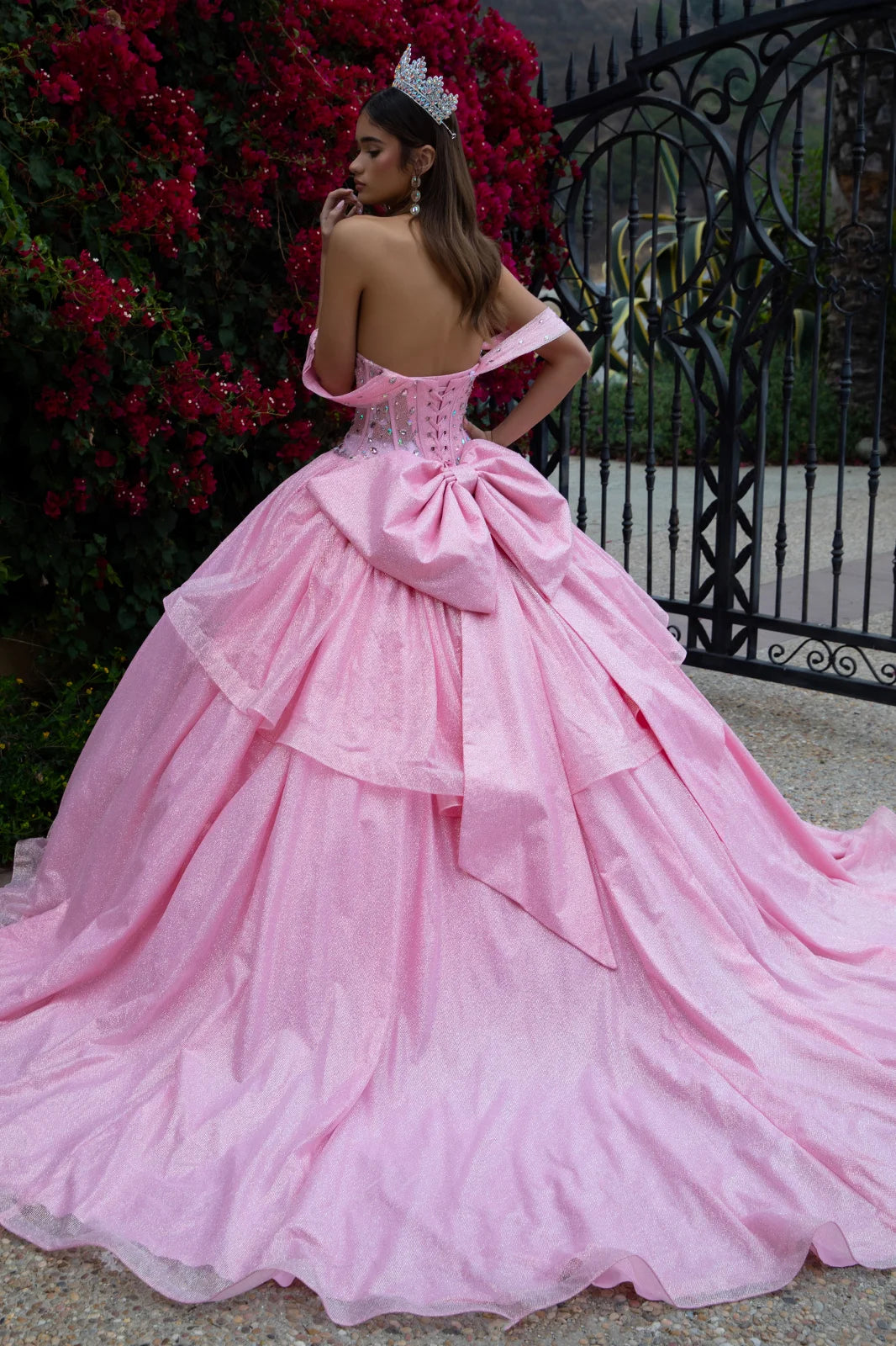 Off Shoulder Bejeweled Corset Back Ruffle Embellished Glitter Netting Dress With Detachable Back Bow