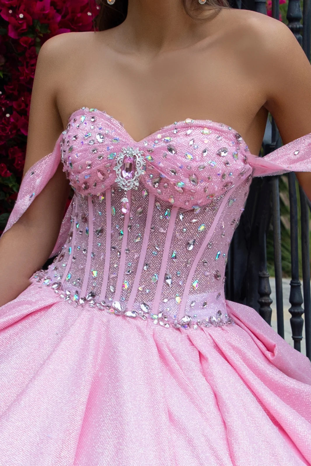 Off Shoulder Bejeweled Corset Back Ruffle Embellished Glitter Netting Dress With Detachable Back Bow