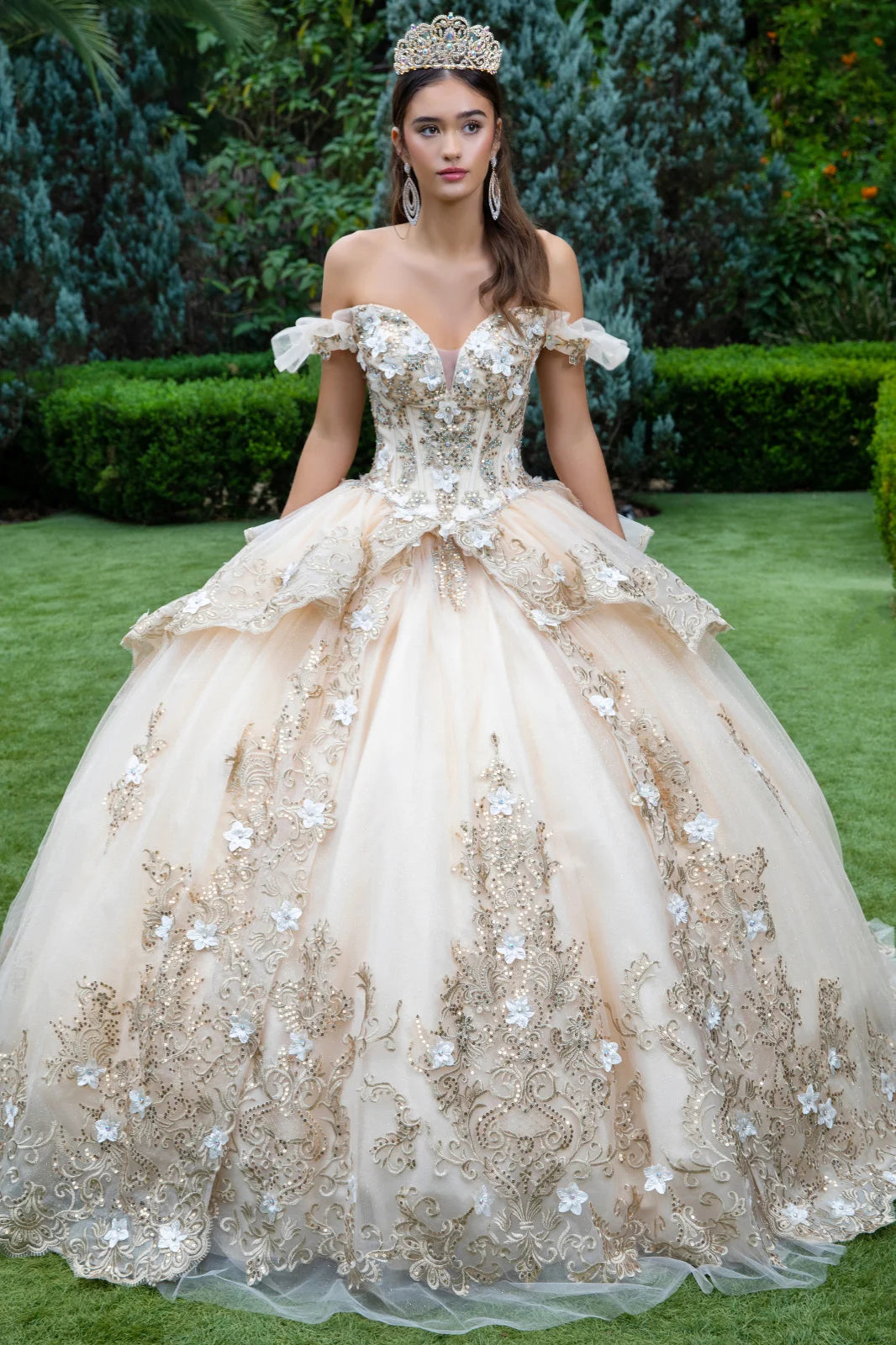 3d Flower Accented Metallic Embroidery Glitter Mesh Quinceanera Dress