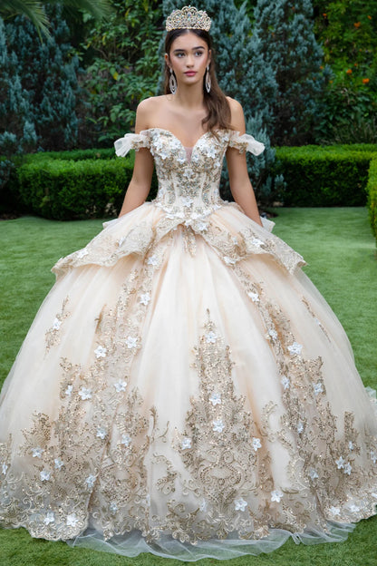 3d Flower Accented Metallic Embroidery Glitter Mesh Quinceanera Dress