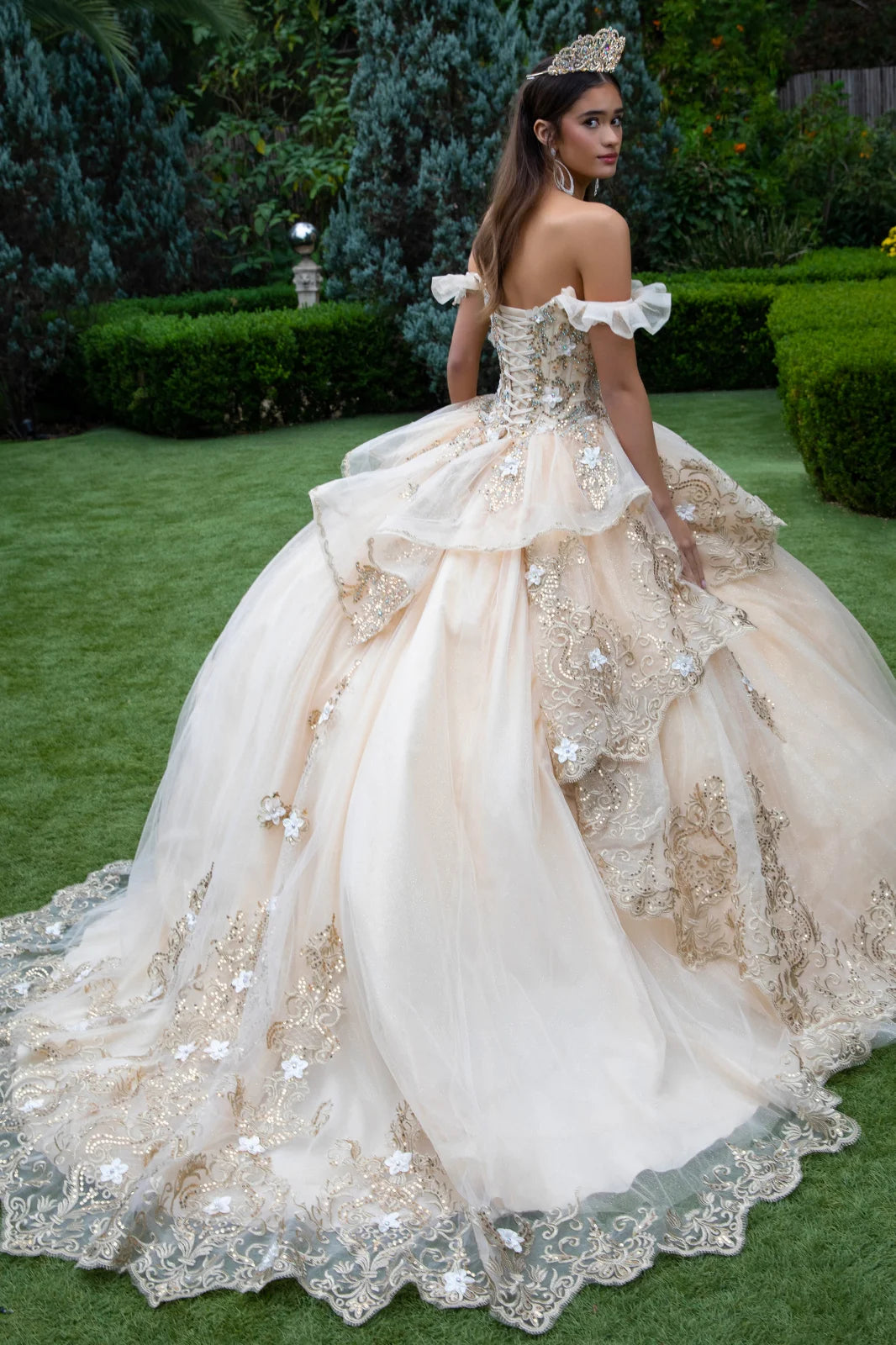 3d Flower Accented Metallic Embroidery Glitter Mesh Quinceanera Dress