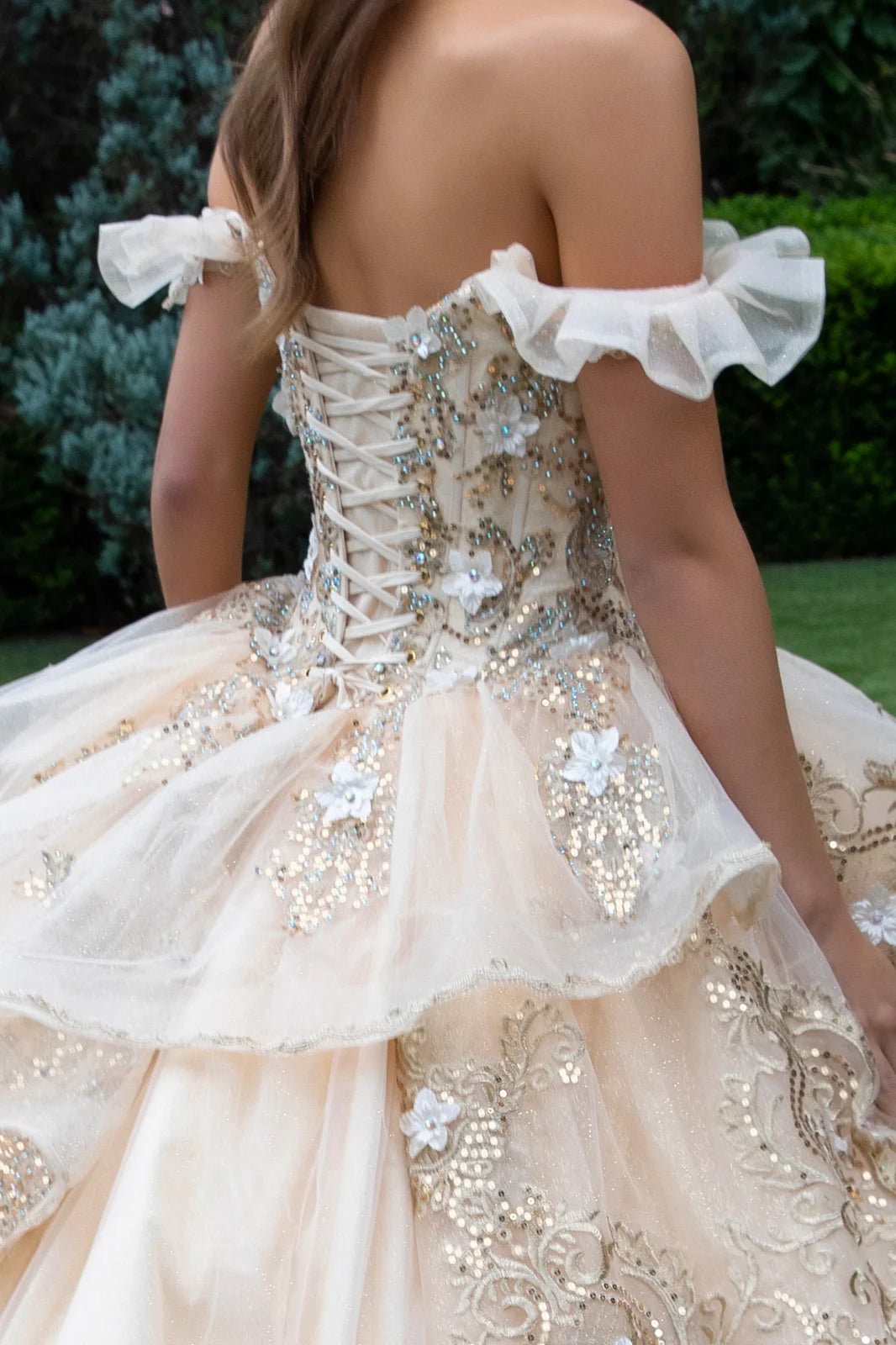 3d Flower Accented Metallic Embroidery Glitter Mesh Quinceanera Dress