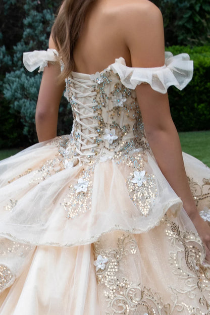 3d Flower Accented Metallic Embroidery Glitter Mesh Quinceanera Dress
