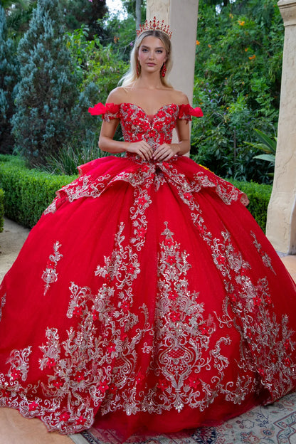 3d Flower Accented Metallic Embroidery Glitter Mesh Quinceanera Dress