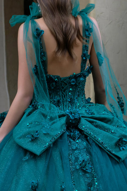 3d Flower Applique Embellished Tie Shoulder Strap Dress With Detachable Back Bow