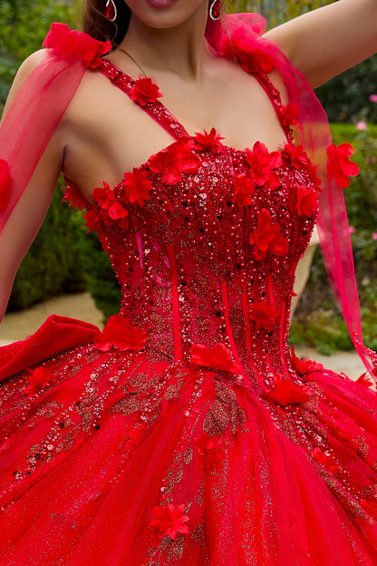 3d Flower Applique Embellished Tie Shoulder Strap Dress With Detachable Back Bow